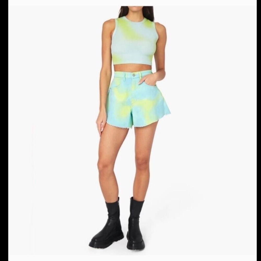 WeWoreWhat Flare Bell Shorts Twill Denim Frayed Hem Tie Dye Green/Blue Size 32